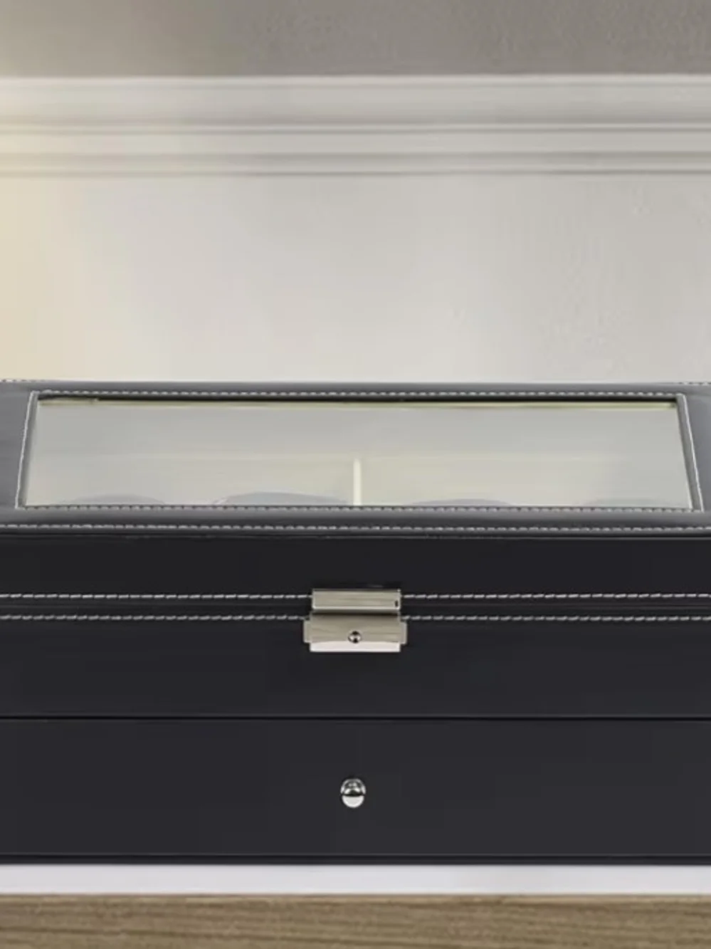 Luxury Black Leather Sunglass Case with Glass Top